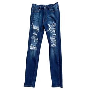 Machine Skinny Jeans Womens 9 High Rise Distressed Ripped Blue Stretch Denim